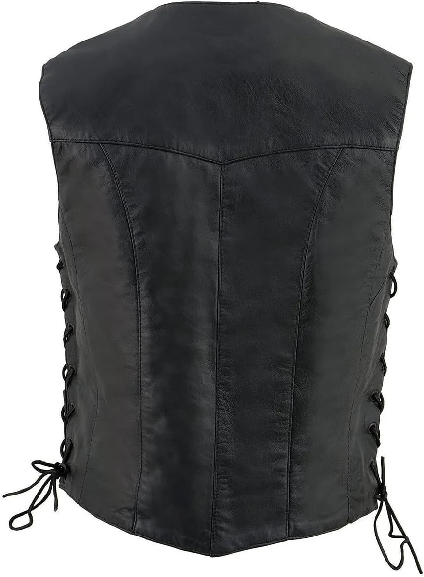 Milwaukee Leather SH1227L Women's Black Leather Side Laces Classic Western Motorcycle Rider Vest W/4-Snaps Closure