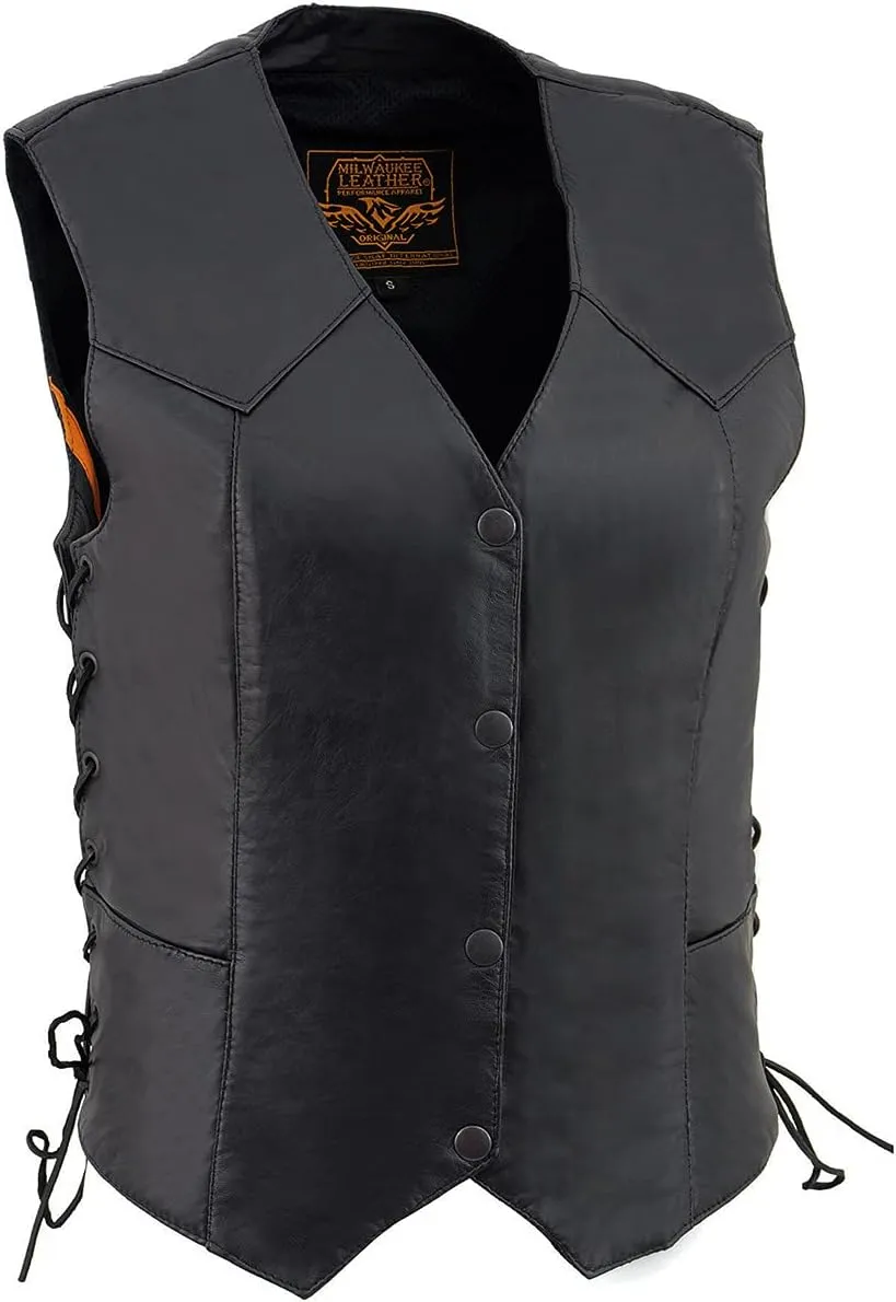 Milwaukee Leather SH1227L Women's Black Leather Side Laces Classic Western Motorcycle Rider Vest W/4-Snaps Closure