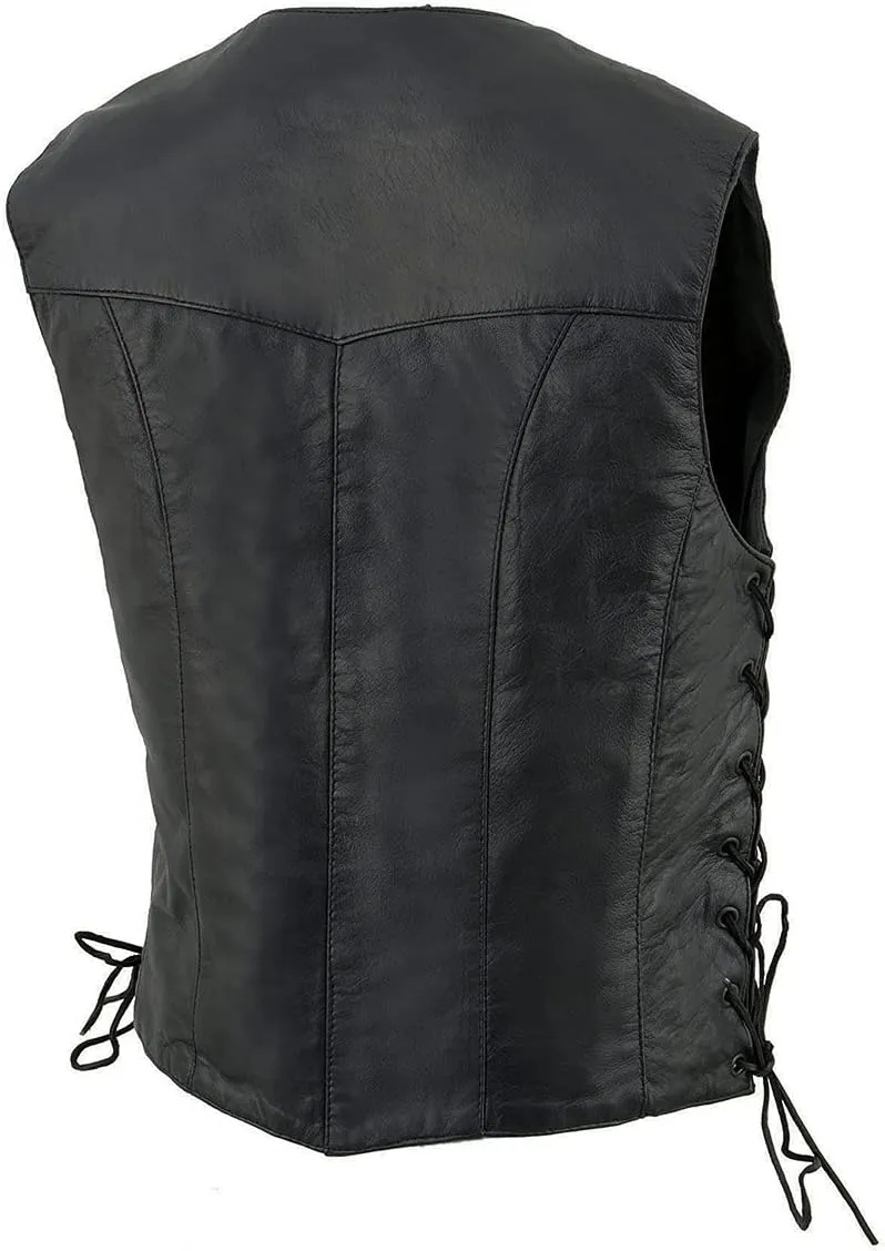 Milwaukee Leather SH1227L Women's Black Leather Side Laces Classic Western Motorcycle Rider Vest W/4-Snaps Closure