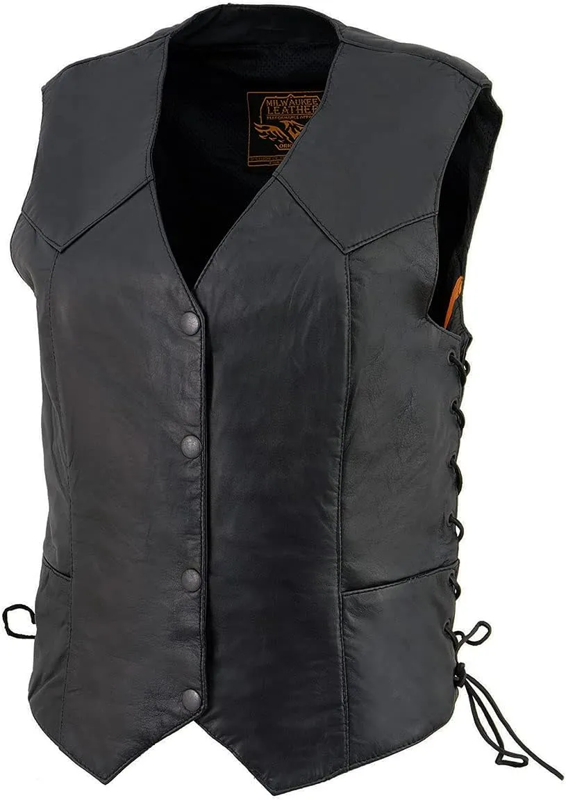 Milwaukee Leather SH1227L Women's Black Leather Side Laces Classic Western Motorcycle Rider Vest W/4-Snaps Closure