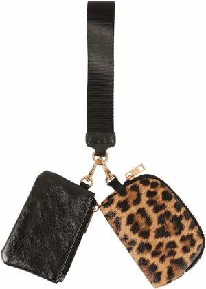 Mini Zip Around Wristlet Wallet for Women - Dual Pouch Keychain Coin Purse, Faux Leather Portable Small Purse with Detachable Strap, Cute Wristlet Wallet for Women (Black Leopard)