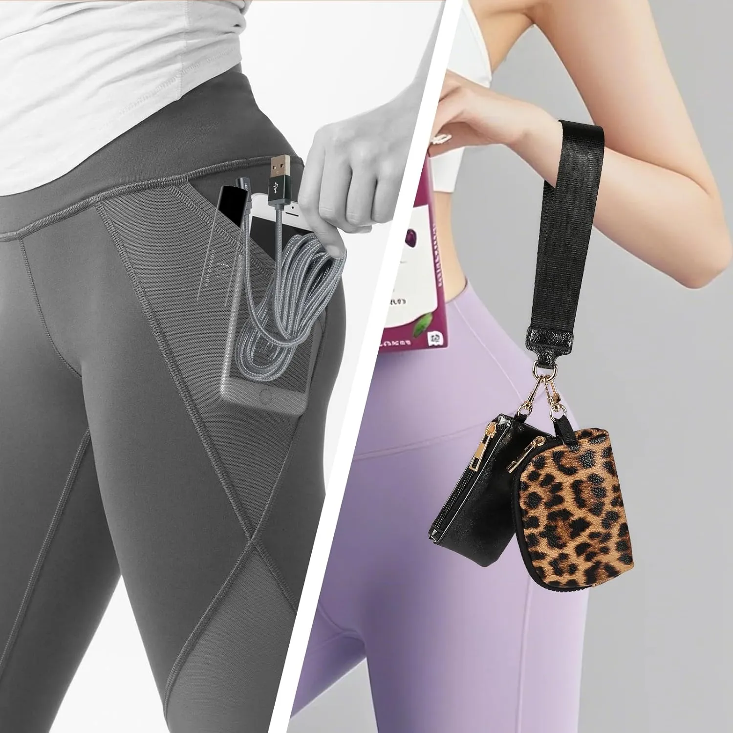 Mini Zip Around Wristlet Wallet for Women - Dual Pouch Keychain Coin Purse, Faux Leather Portable Small Purse with Detachable Strap, Cute Wristlet Wallet for Women (Black Leopard)
