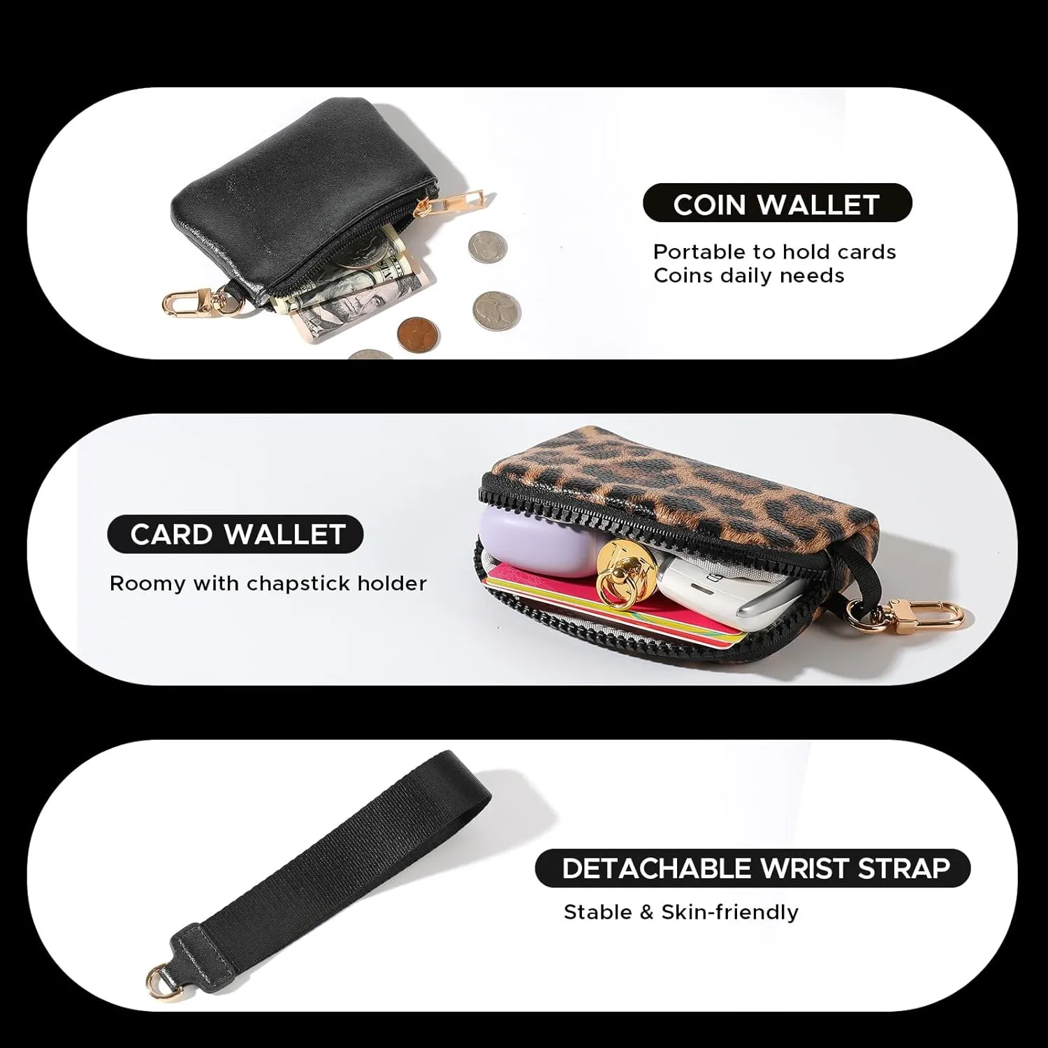 Mini Zip Around Wristlet Wallet for Women - Dual Pouch Keychain Coin Purse, Faux Leather Portable Small Purse with Detachable Strap, Cute Wristlet Wallet for Women (Black Leopard)