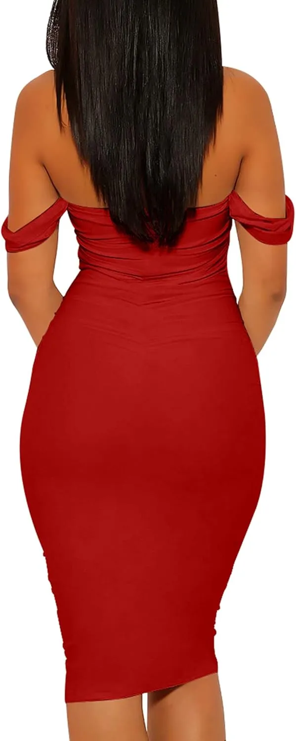 Mizoci Women's Summer Sexy Bodycon Tube Top Off Shoulder Party Club Midi Dress