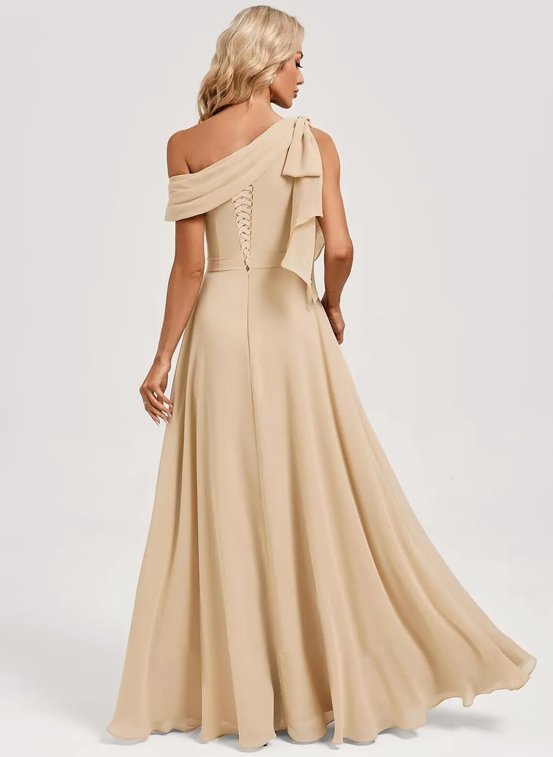 Monvelli One Shoulder Bridesmaid Dresses with Bow Long Chiffon Empire Waist Formal Evening Gowns with Pockets