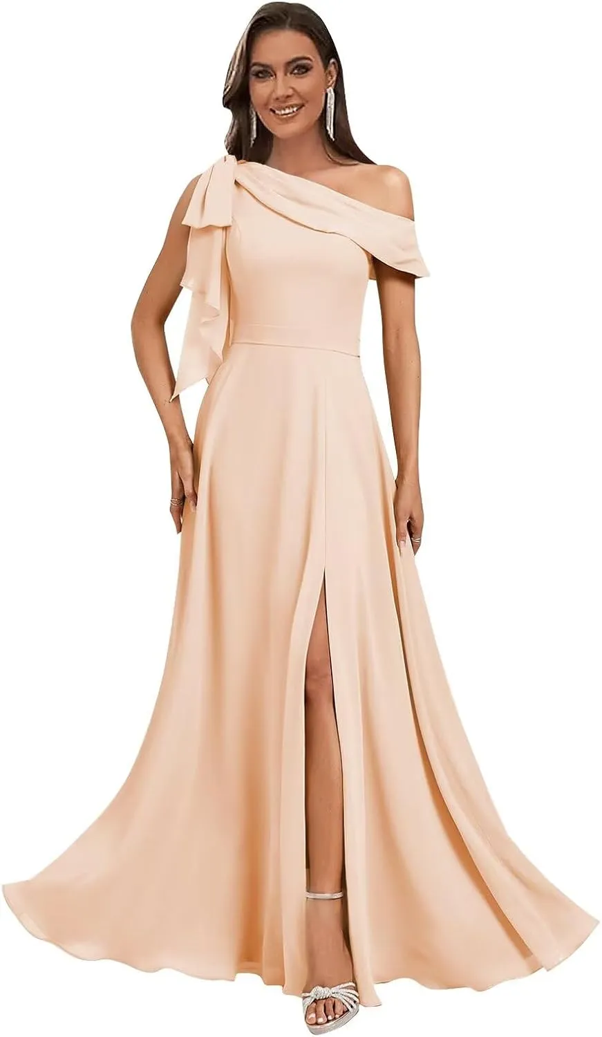 Monvelli One Shoulder Bridesmaid Dresses with Bow Long Chiffon Empire Waist Formal Evening Gowns with Pockets
