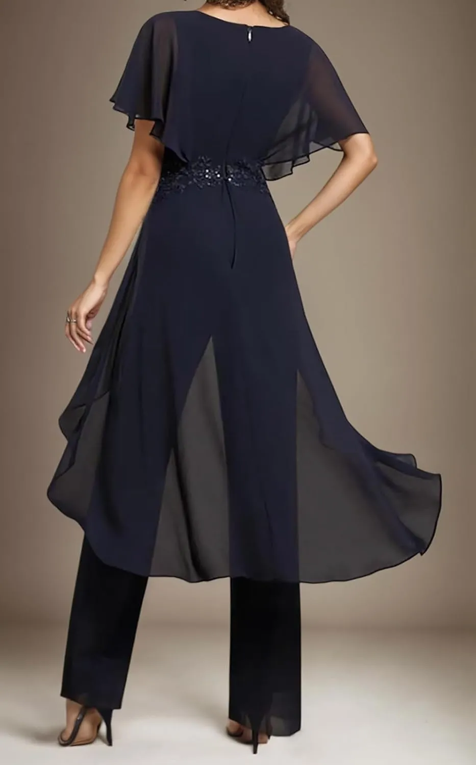 Mother of The Bride Pantsuits for Wedding Chiffon V Neck Formal Outfits with Sleeves