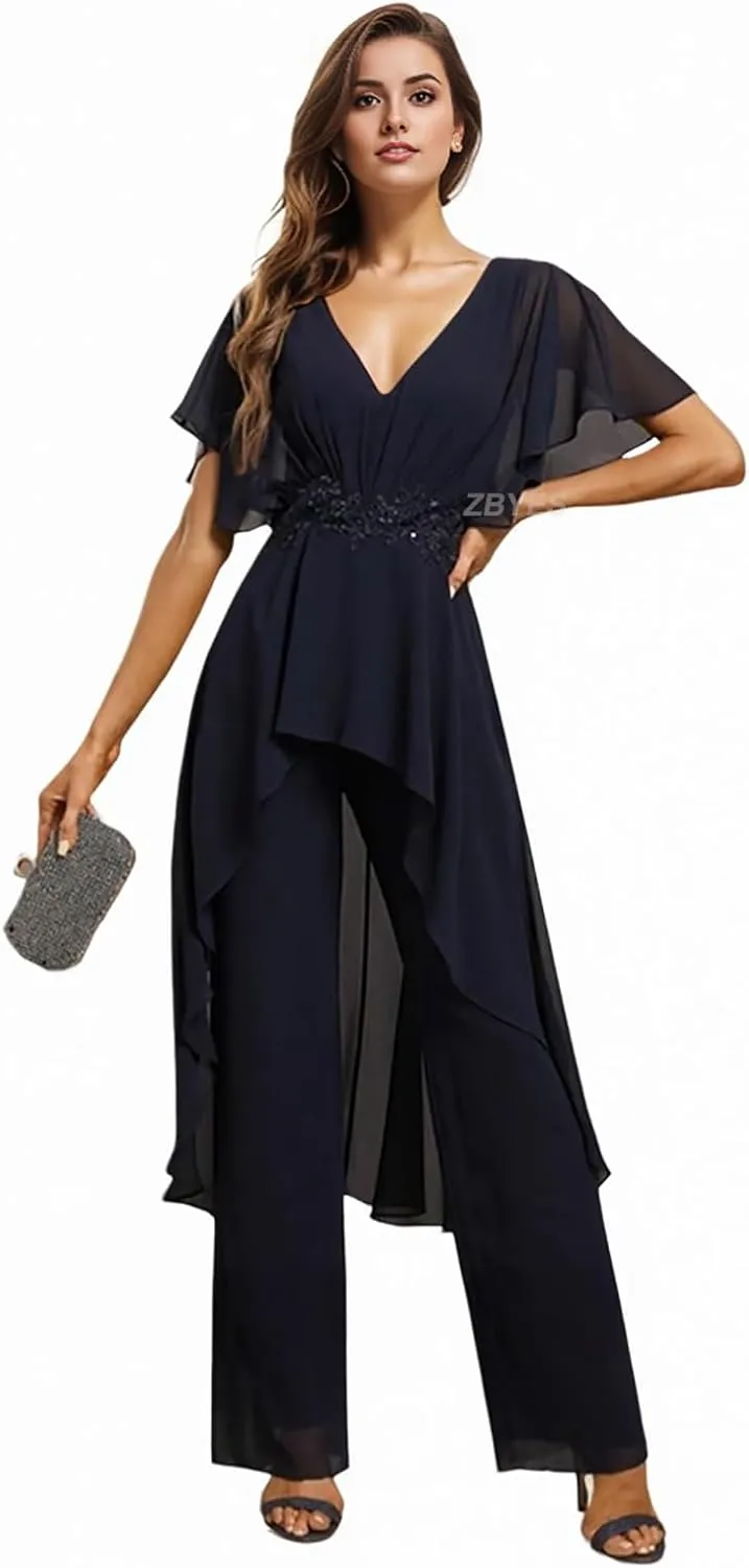 Mother of The Bride Pantsuits for Wedding Chiffon V Neck Formal Outfits with Sleeves