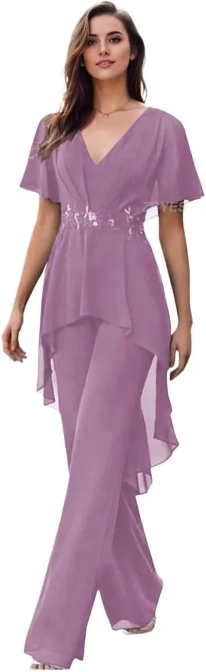 Mother of The Bride Pantsuits for Wedding Chiffon V Neck Formal Outfits with Sleeves