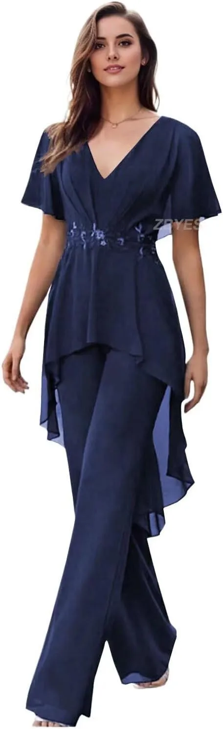 Mother of The Bride Pantsuits for Wedding Chiffon V Neck Formal Outfits with Sleeves