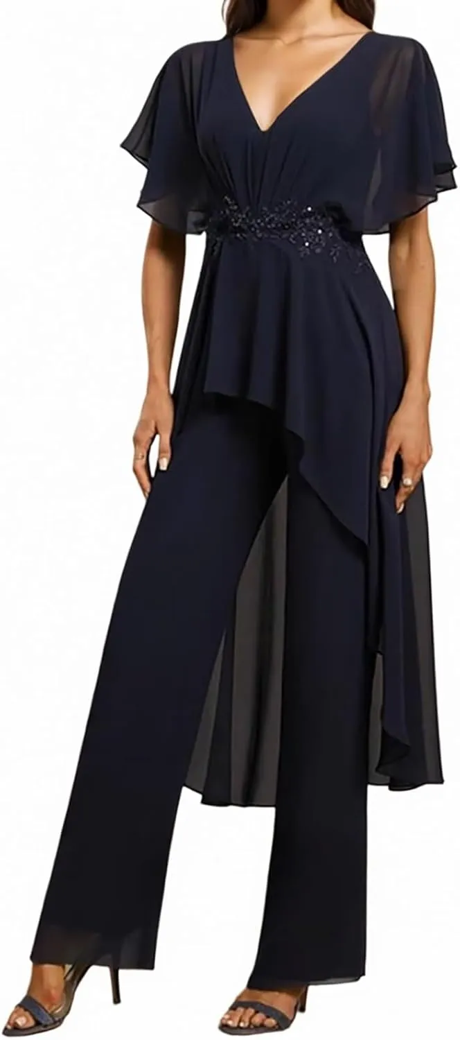 Mother of The Bride Pantsuits for Wedding Chiffon V Neck Formal Outfits with Sleeves