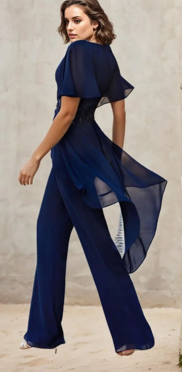 Mother of The Bride Pantsuits for Wedding Chiffon V Neck Formal Outfits with Sleeves