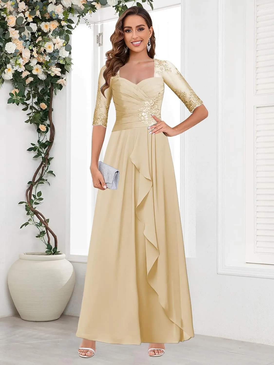 OFEECHUN Lace Applique Long Mother of The Bride Dresses for Wedding Chiffon Ruffle Formal Evening Gown with Sleeves