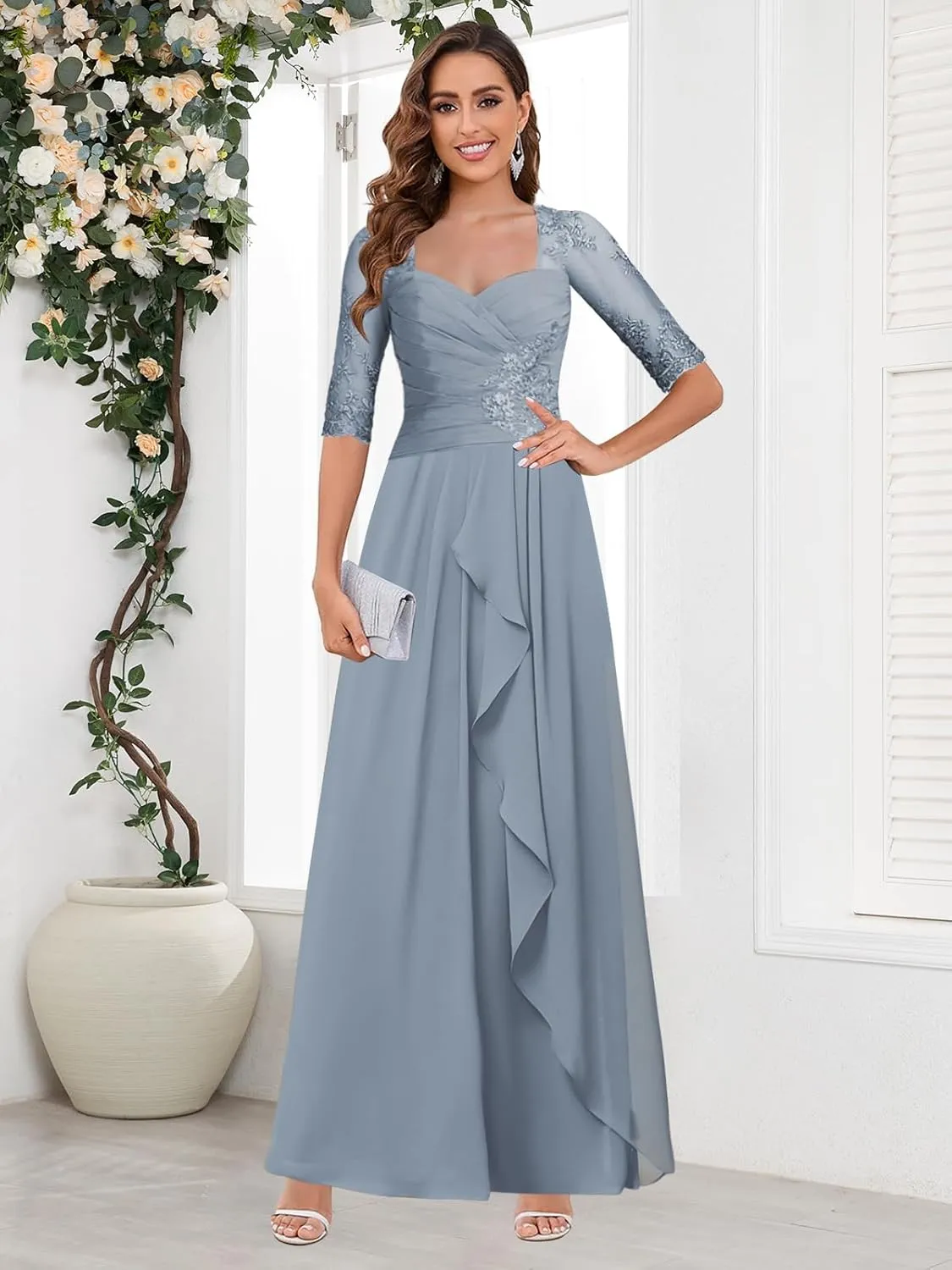 OFEECHUN Lace Applique Long Mother of The Bride Dresses for Wedding Chiffon Ruffle Formal Evening Gown with Sleeves