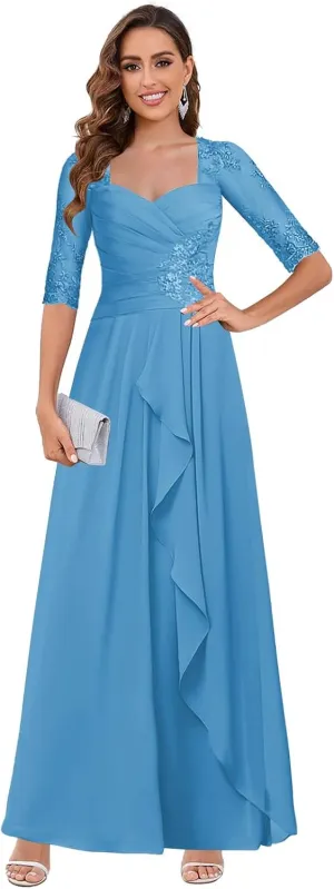 OFEECHUN Lace Applique Long Mother of The Bride Dresses for Wedding Chiffon Ruffle Formal Evening Gown with Sleeves