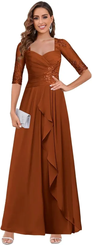 OFEECHUN Lace Applique Long Mother of The Bride Dresses for Wedding Chiffon Ruffle Formal Evening Gown with Sleeves