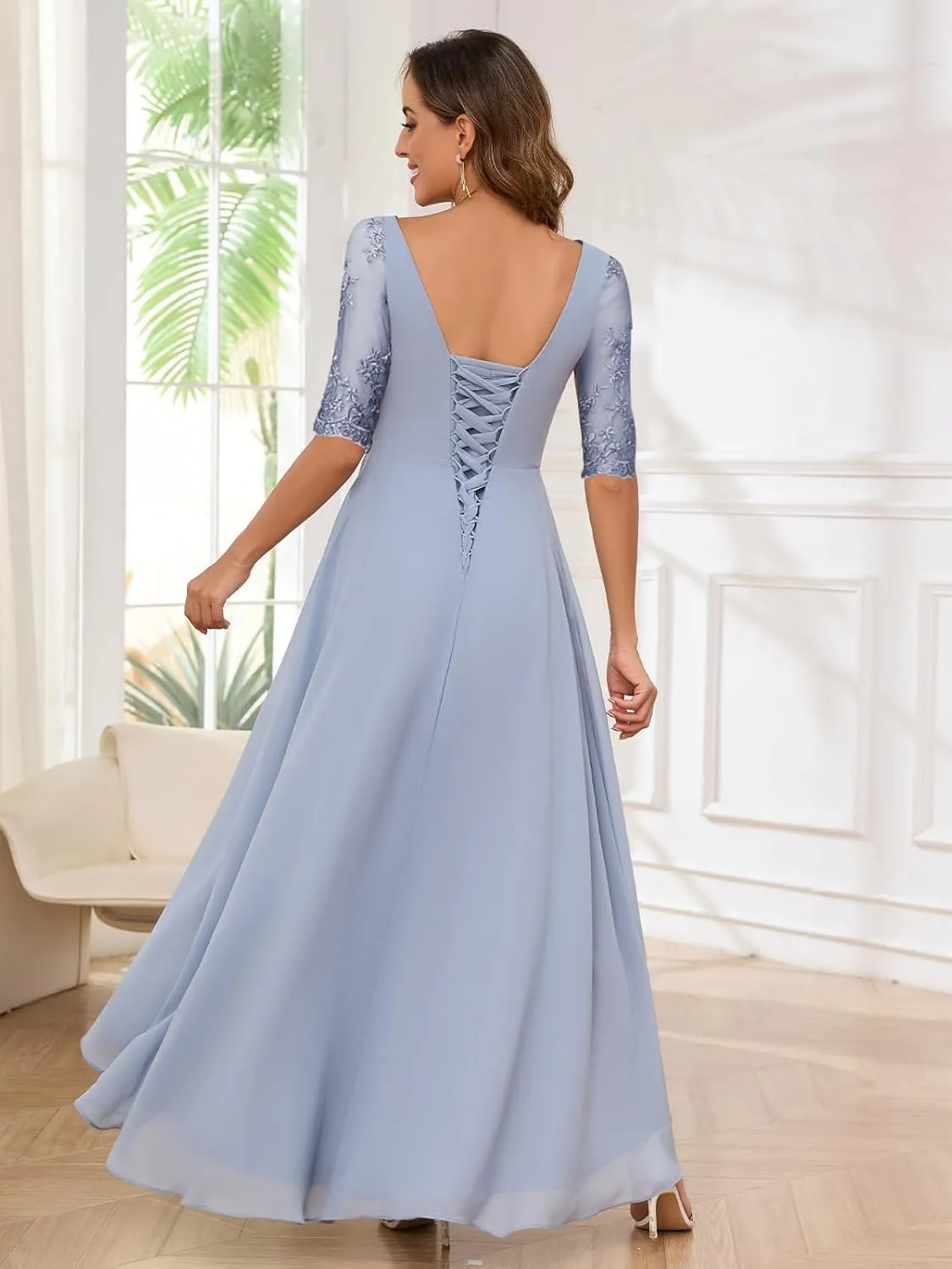 OFEECHUN Lace Applique Long Mother of The Bride Dresses for Wedding Chiffon Ruffle Formal Evening Gown with Sleeves