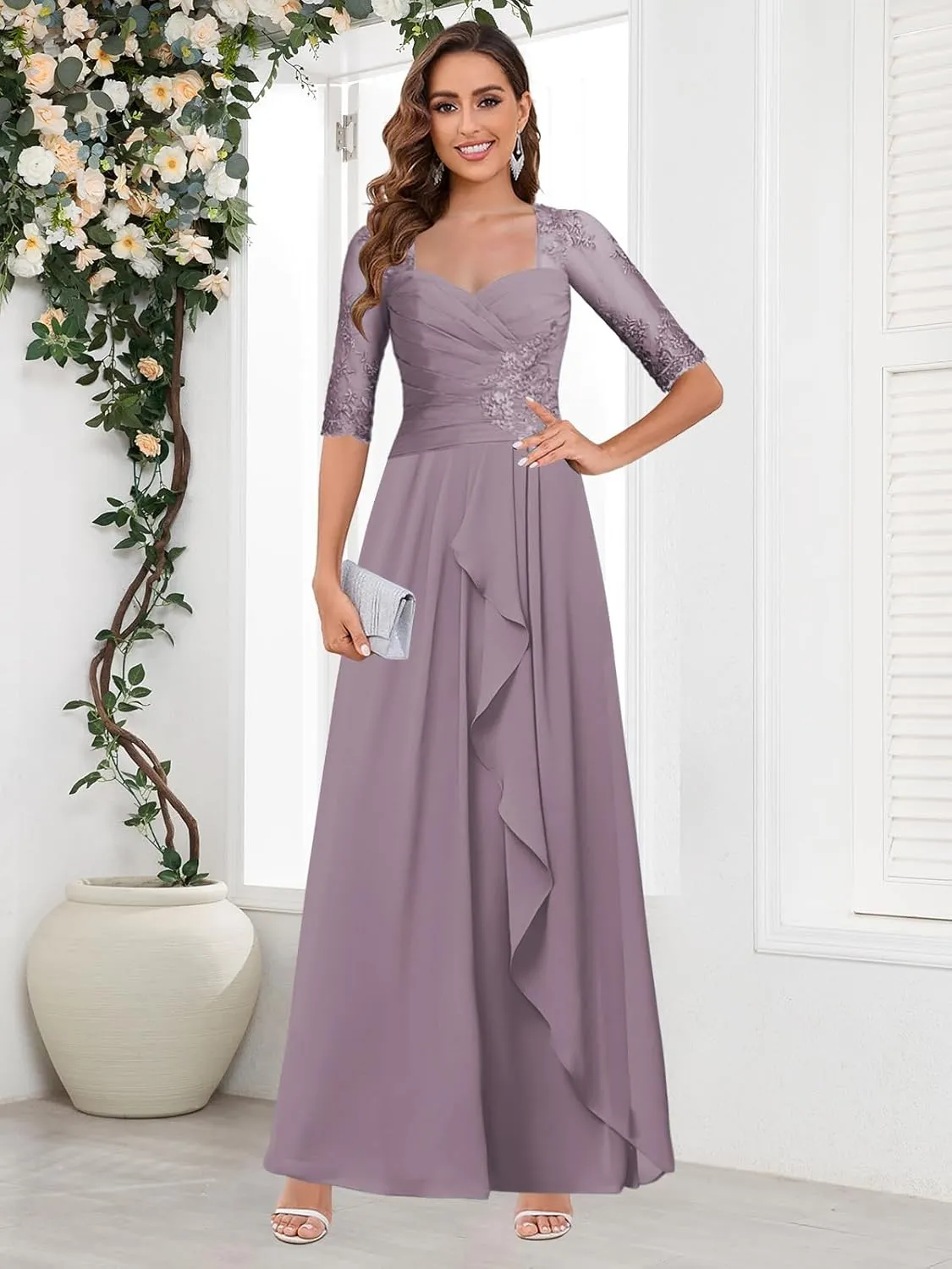 OFEECHUN Lace Applique Long Mother of The Bride Dresses for Wedding Chiffon Ruffle Formal Evening Gown with Sleeves