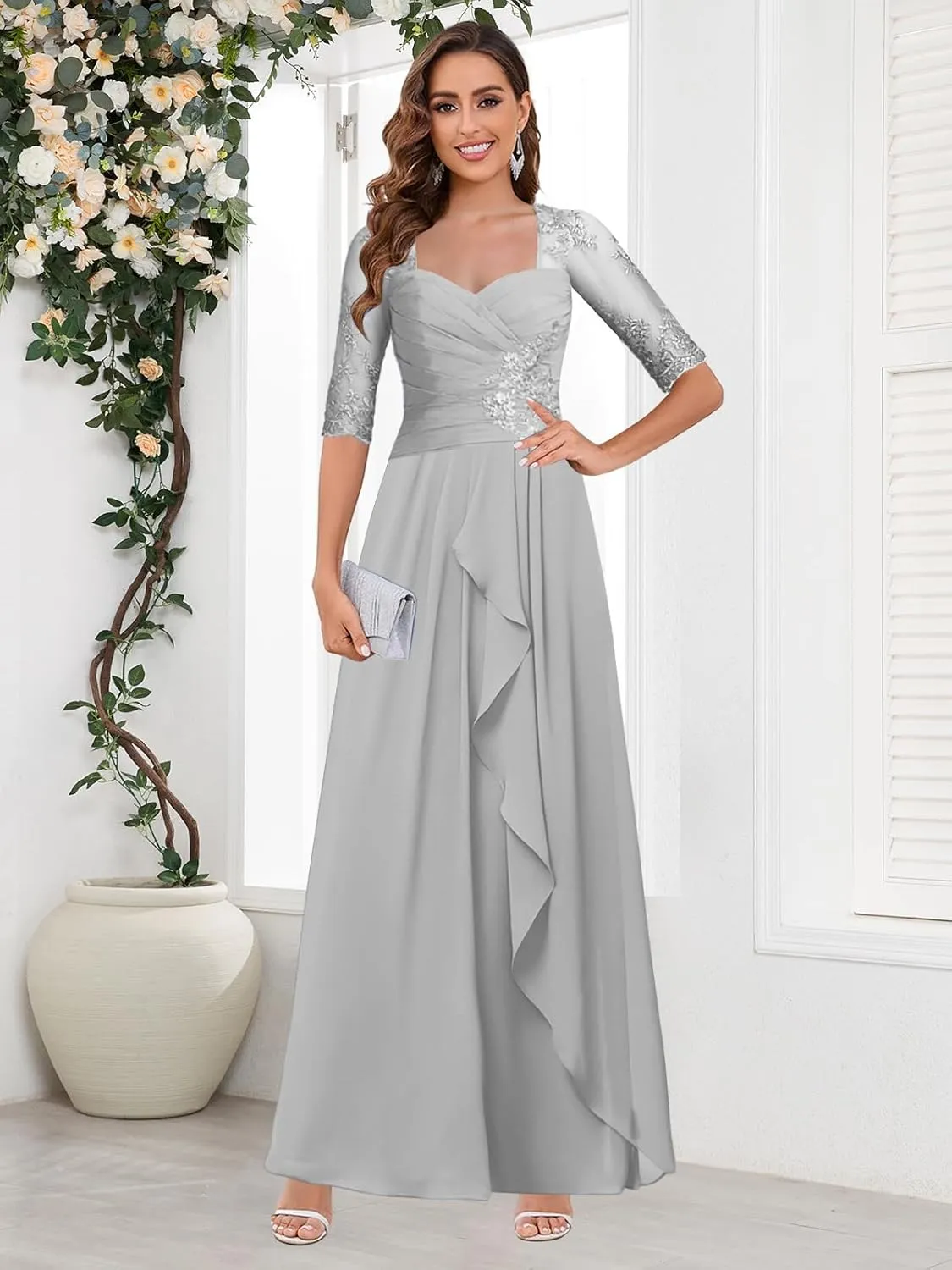 OFEECHUN Lace Applique Long Mother of The Bride Dresses for Wedding Chiffon Ruffle Formal Evening Gown with Sleeves