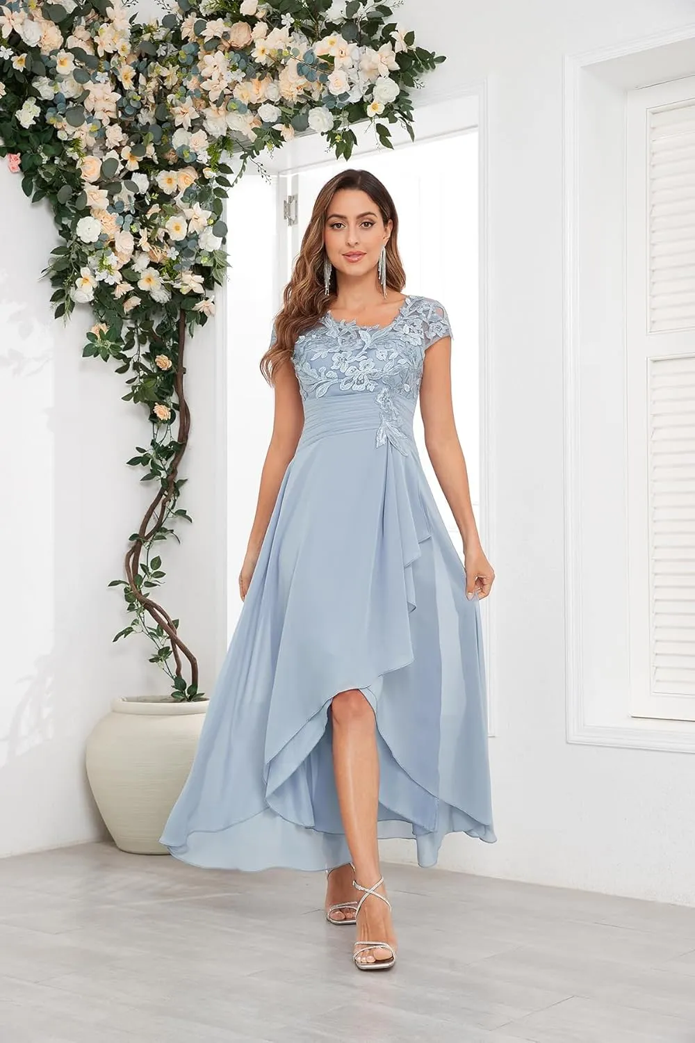 OFEECHUN Women's Lace Appliques Mother of The Bride Dresses Tea Length Chiffon Formal Dress with Sleeves