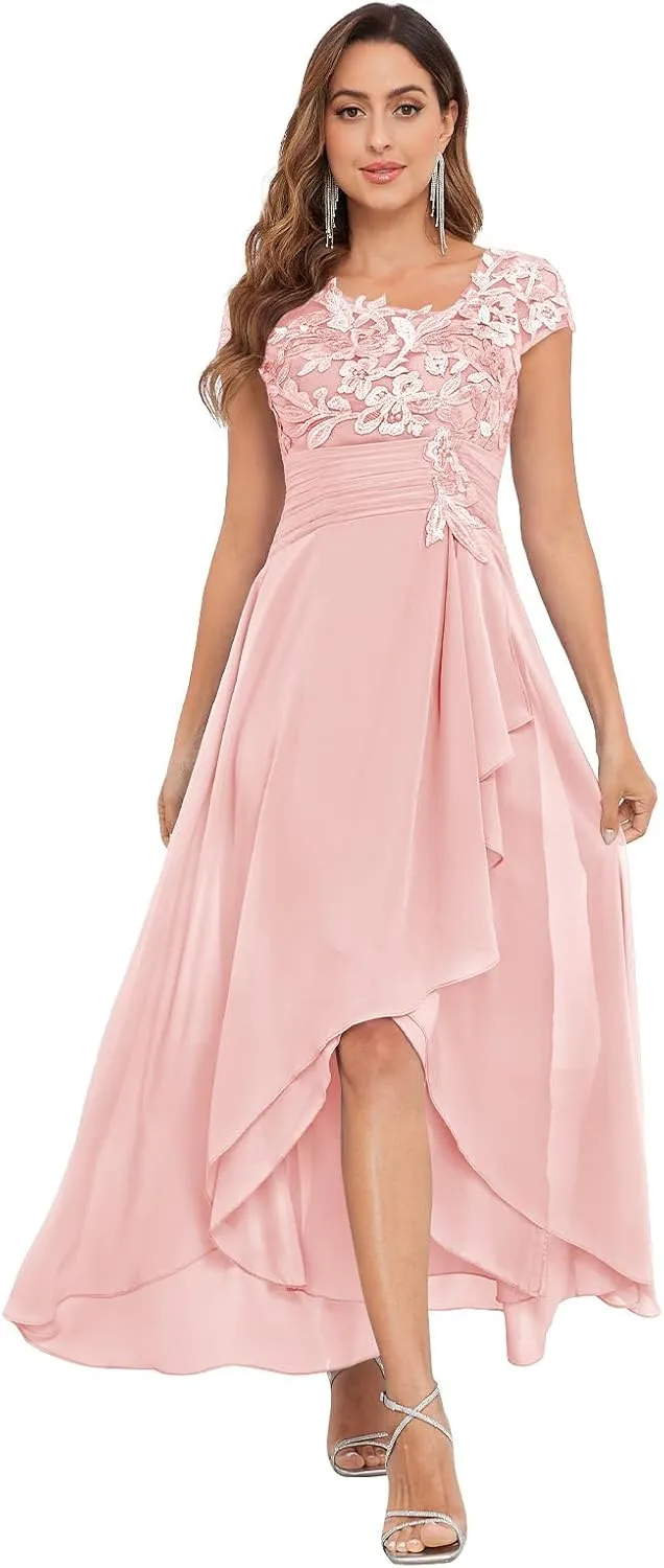 OFEECHUN Women's Lace Appliques Mother of The Bride Dresses Tea Length Chiffon Formal Dress with Sleeves