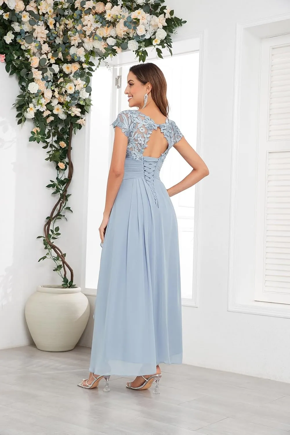 OFEECHUN Women's Lace Appliques Mother of The Bride Dresses Tea Length Chiffon Formal Dress with Sleeves