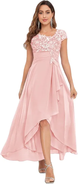 OFEECHUN Women's Lace Appliques Mother of The Bride Dresses Tea Length Chiffon Formal Dress with Sleeves