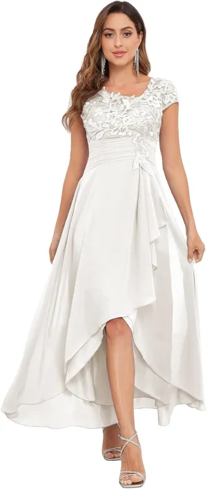 OFEECHUN Women's Lace Appliques Mother of The Bride Dresses Tea Length Chiffon Formal Dress with Sleeves