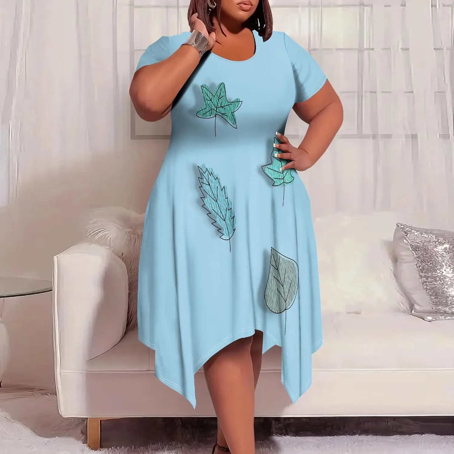 Oversize Tshirt Dress for Women Summer Printing Casual Plus Size Crewneck Short Sleeves Midi Tunic Dress with Pockets
