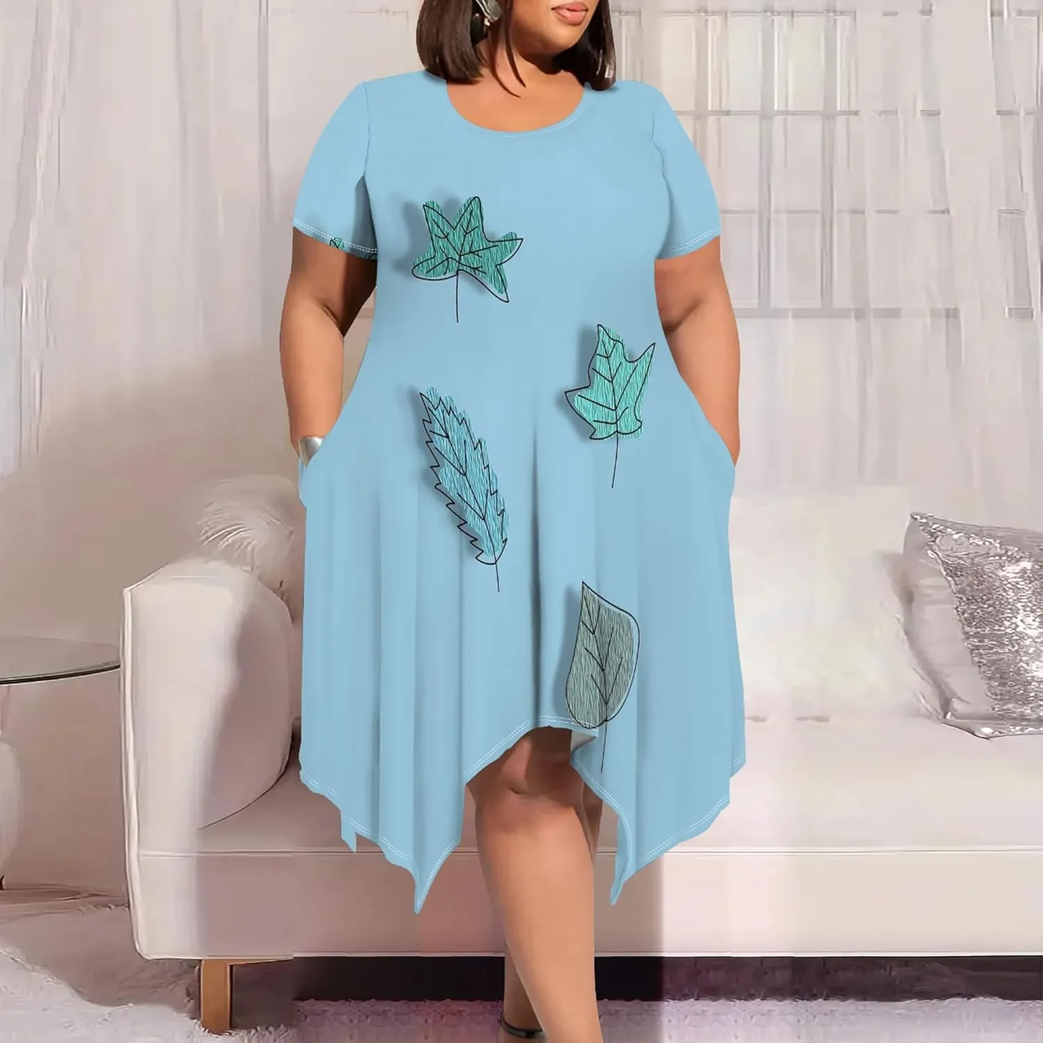 Oversize Tshirt Dress for Women Summer Printing Casual Plus Size Crewneck Short Sleeves Midi Tunic Dress with Pockets