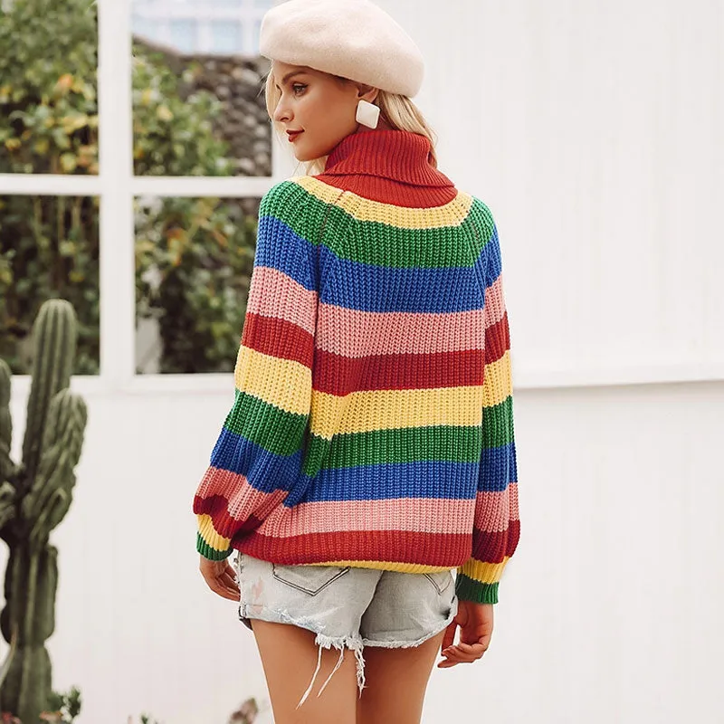 Oversized Multicolor Turtleneck Bishop Sleeve Rainbow Striped Knit Sweater