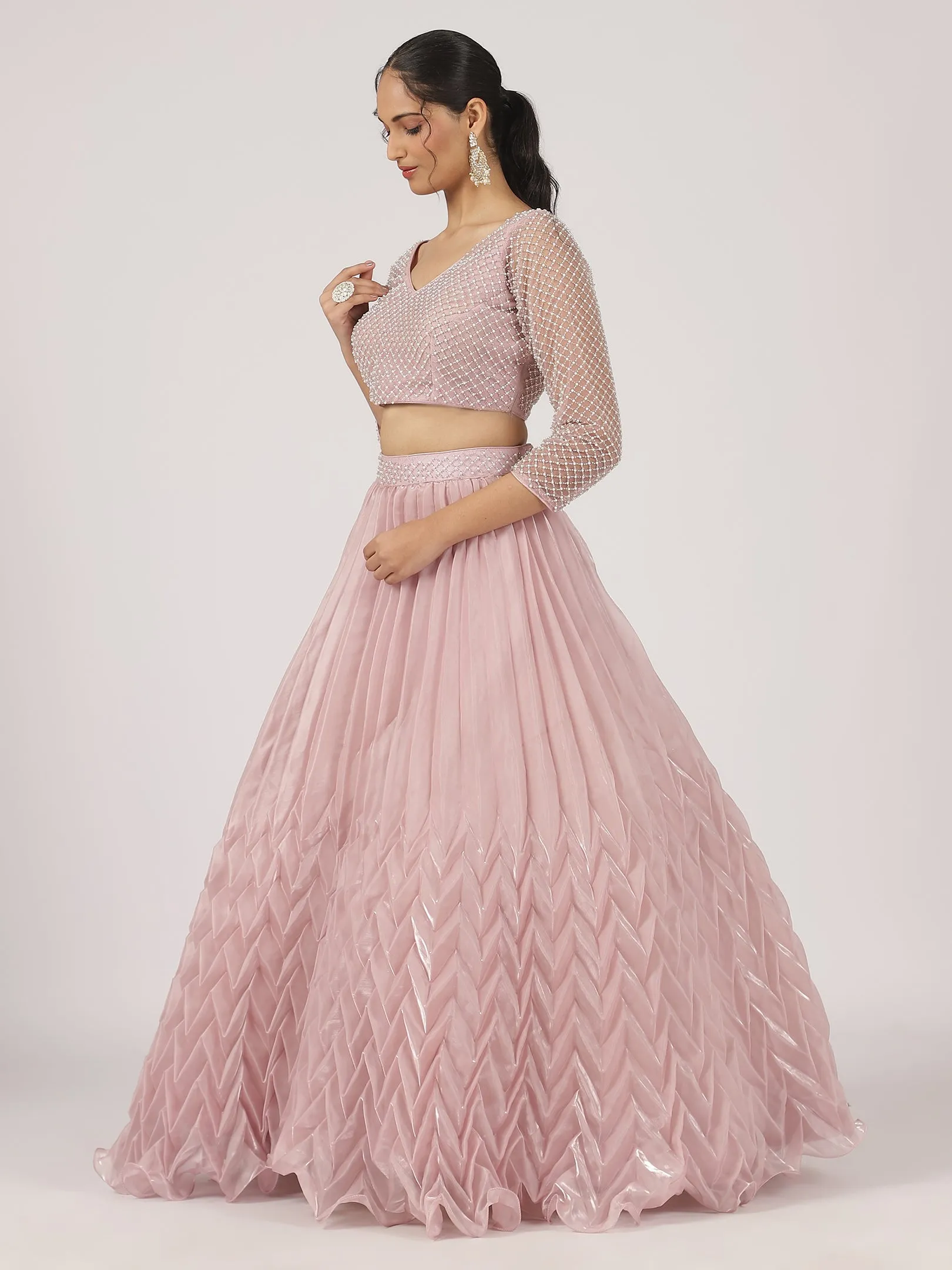 Pastel Pink Organza Pleated Lehenga with Pearl Work Blouse & Ruffled Dupatta