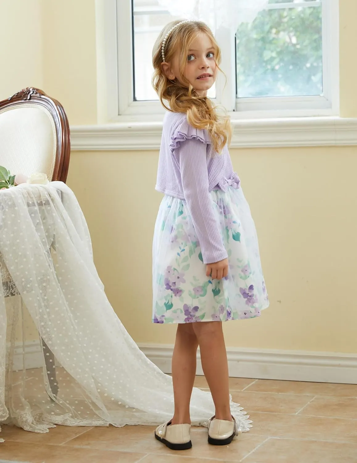 PATPAT Toddler Baby Girls Dress and Cardigan Mesh Sleeveless Playwear Dress and Ruffle Shrug with Headband