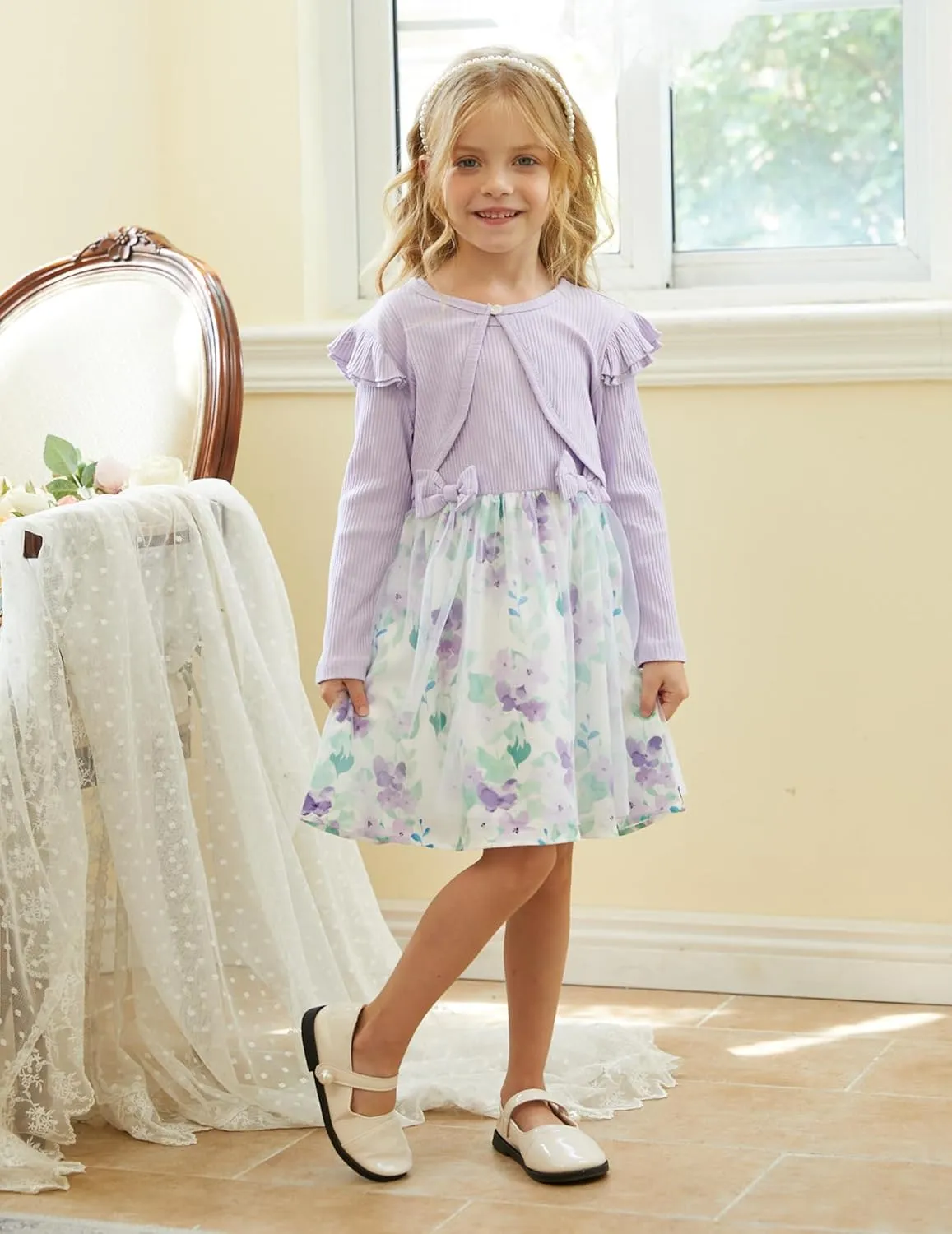 PATPAT Toddler Baby Girls Dress and Cardigan Mesh Sleeveless Playwear Dress and Ruffle Shrug with Headband