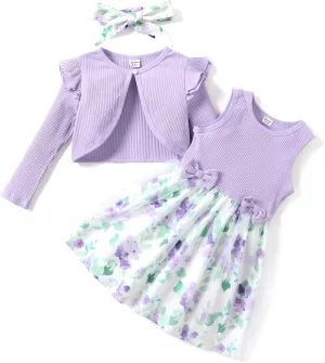 PATPAT Toddler Baby Girls Dress and Cardigan Mesh Sleeveless Playwear Dress and Ruffle Shrug with Headband