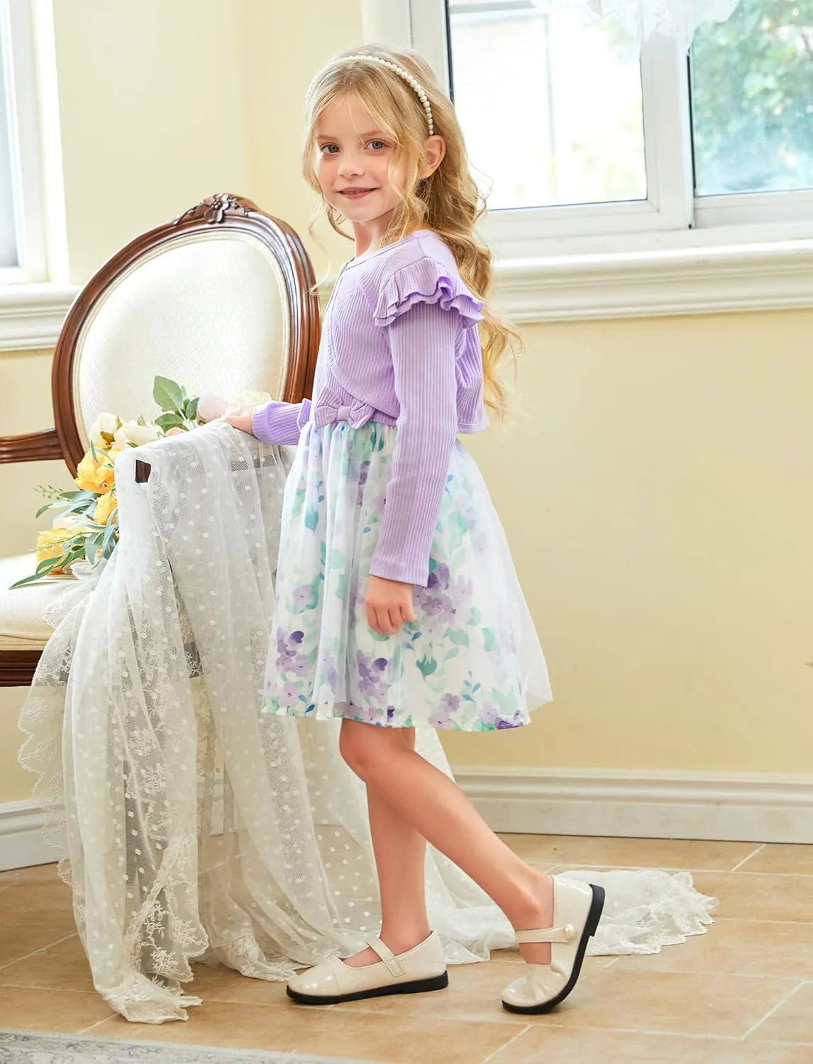 PATPAT Toddler Baby Girls Dress and Cardigan Mesh Sleeveless Playwear Dress and Ruffle Shrug with Headband