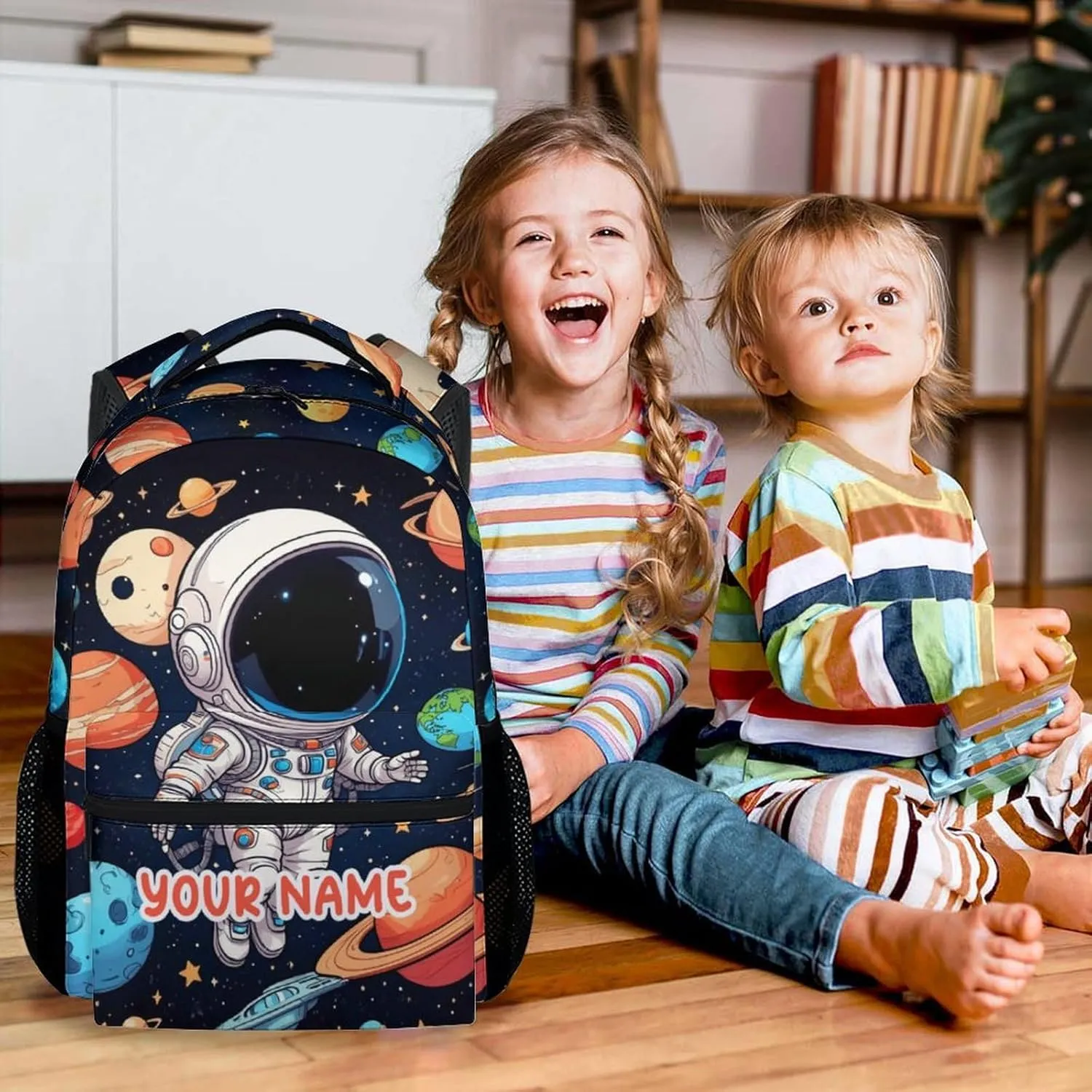 Personalized Astronaut School Backpack for Girls - 17 Inch Black Backpacks for Kids 8-10 Years - Lightweight Cute Bookbag for Elementary