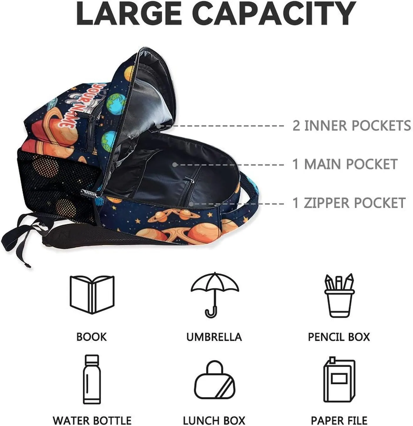 Personalized Astronaut School Backpack for Girls - 17 Inch Black Backpacks for Kids 8-10 Years - Lightweight Cute Bookbag for Elementary