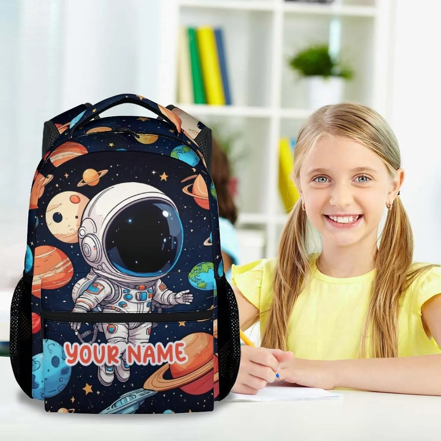 Personalized Astronaut School Backpack for Girls - 17 Inch Black Backpacks for Kids 8-10 Years - Lightweight Cute Bookbag for Elementary