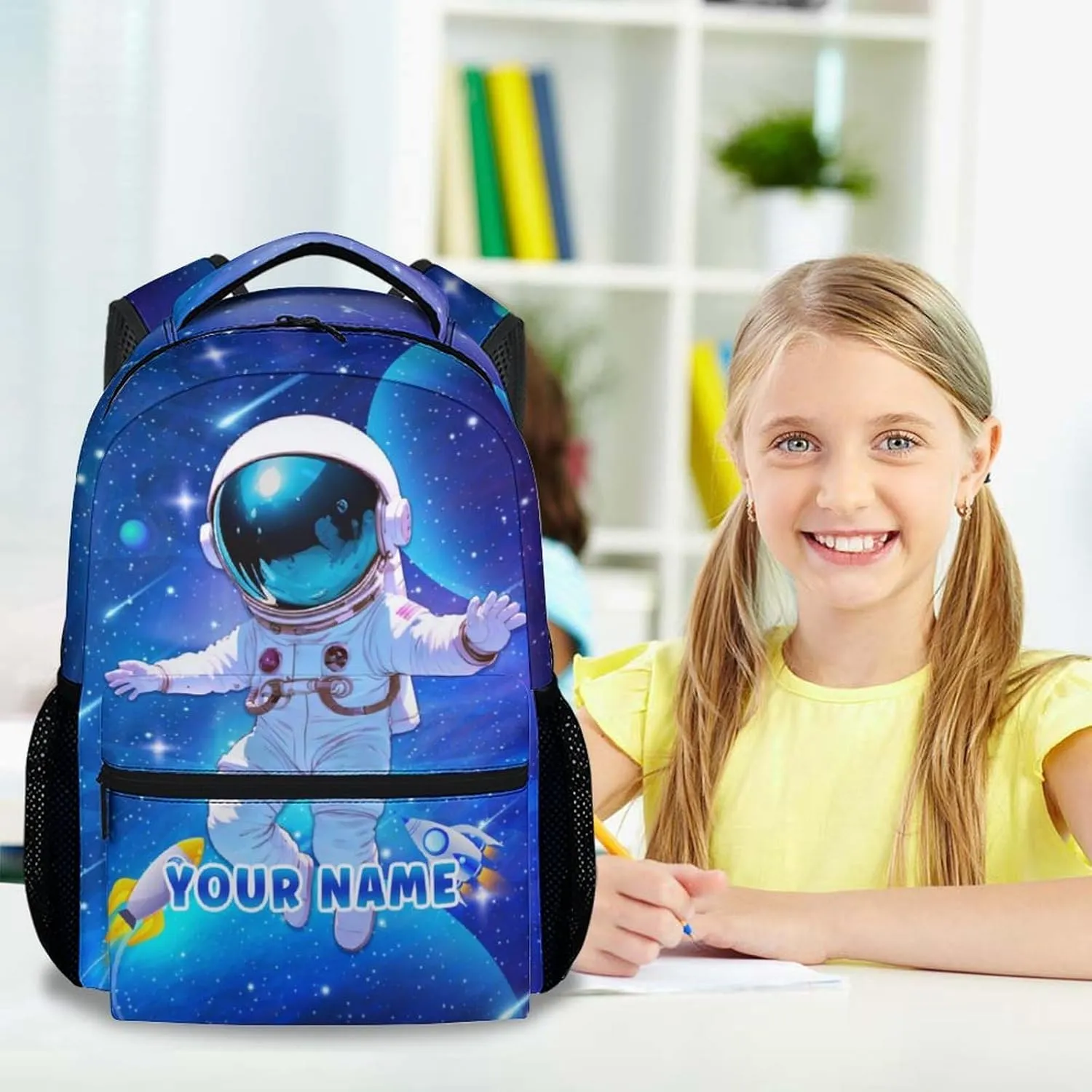 Personalized Astronaut School Backpack for Girls - 17 Inch Blue Backpacks for Kids 8-10 Years - Lightweight Cool Bookbag for Elementary