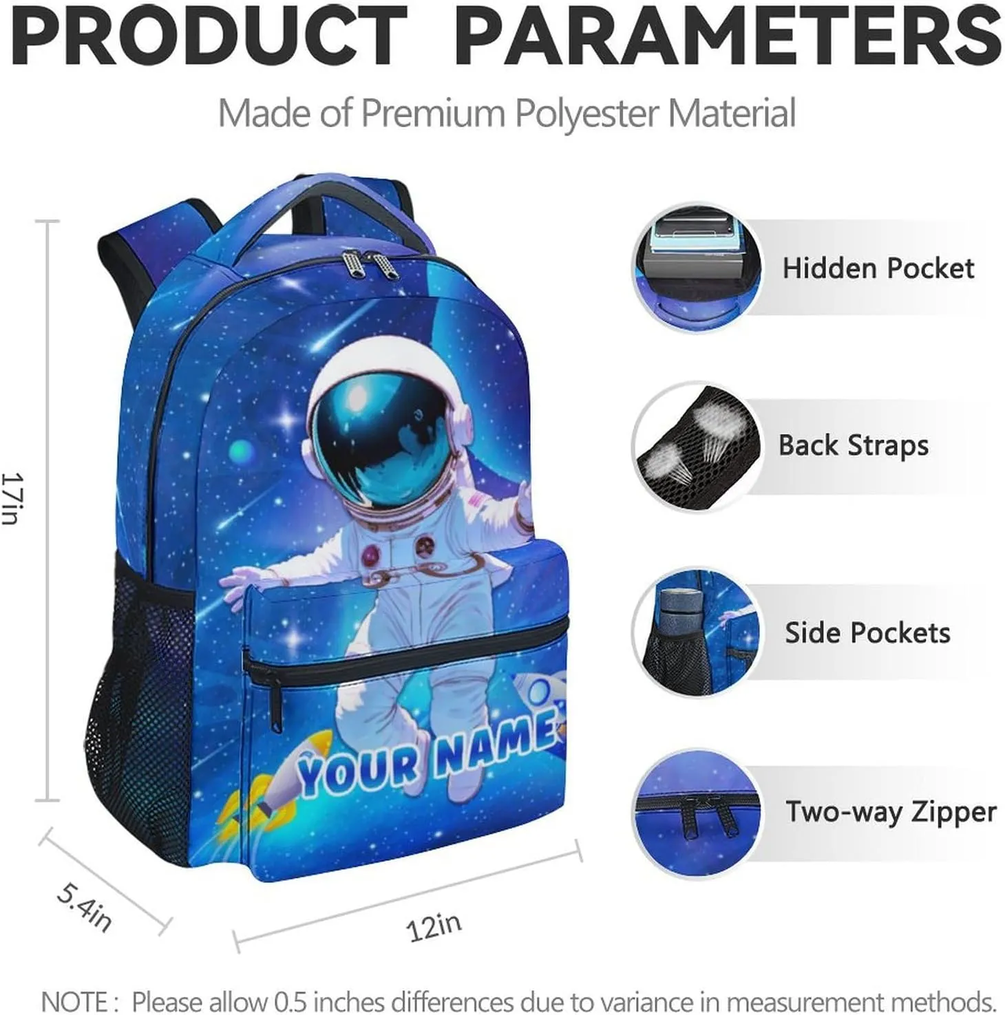 Personalized Astronaut School Backpack for Girls - 17 Inch Blue Backpacks for Kids 8-10 Years - Lightweight Cool Bookbag for Elementary