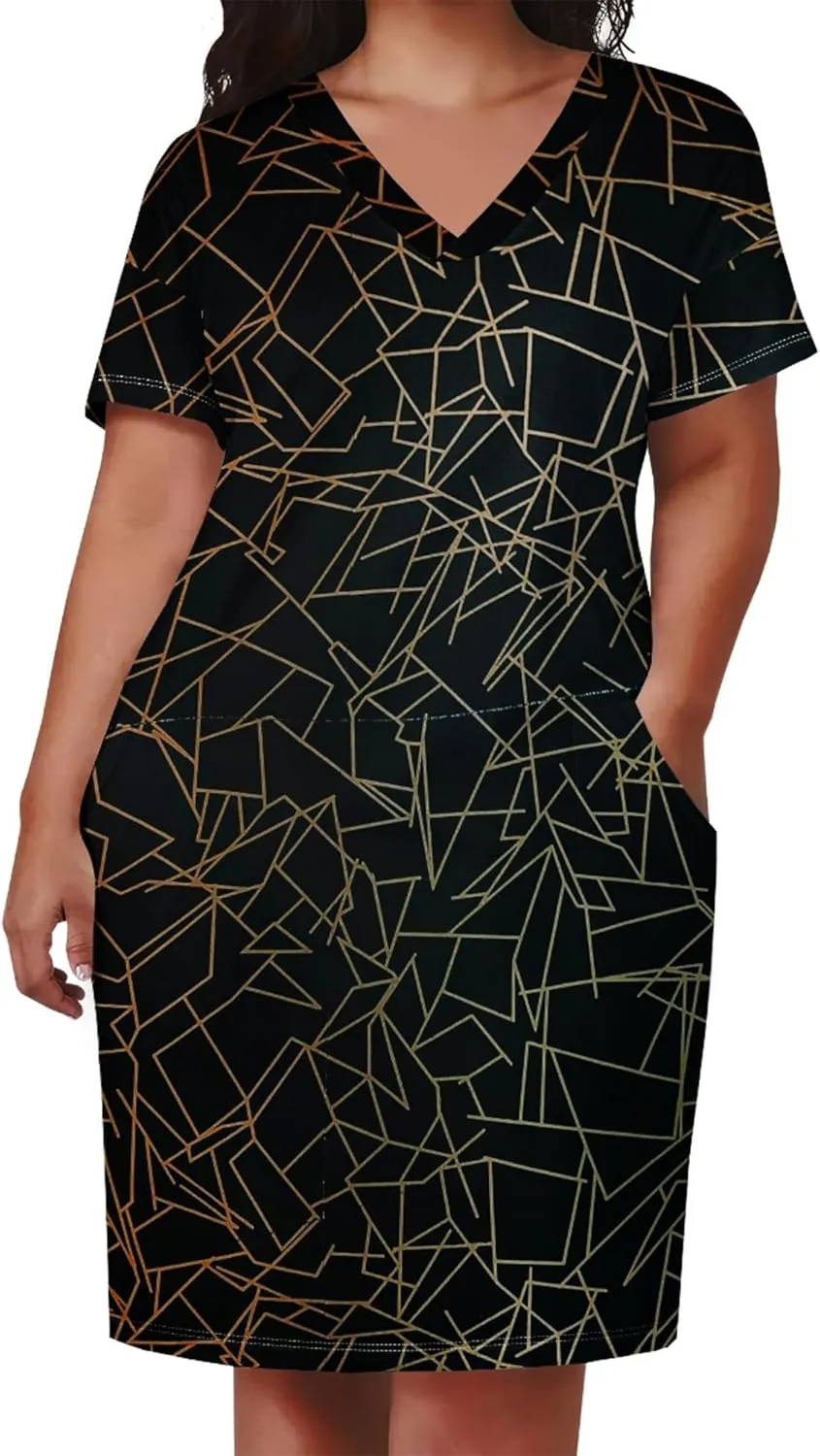 Plus Size Dresses for Curvy Women with Pockets V Neck Short Sleeve T Shirt Midi Dress A Line Beach Holiday Dress