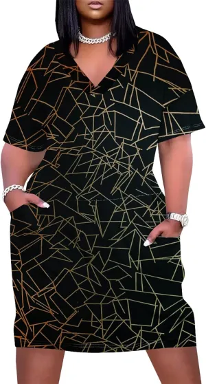 Plus Size Dresses for Curvy Women with Pockets V Neck Short Sleeve T Shirt Midi Dress A Line Beach Holiday Dress