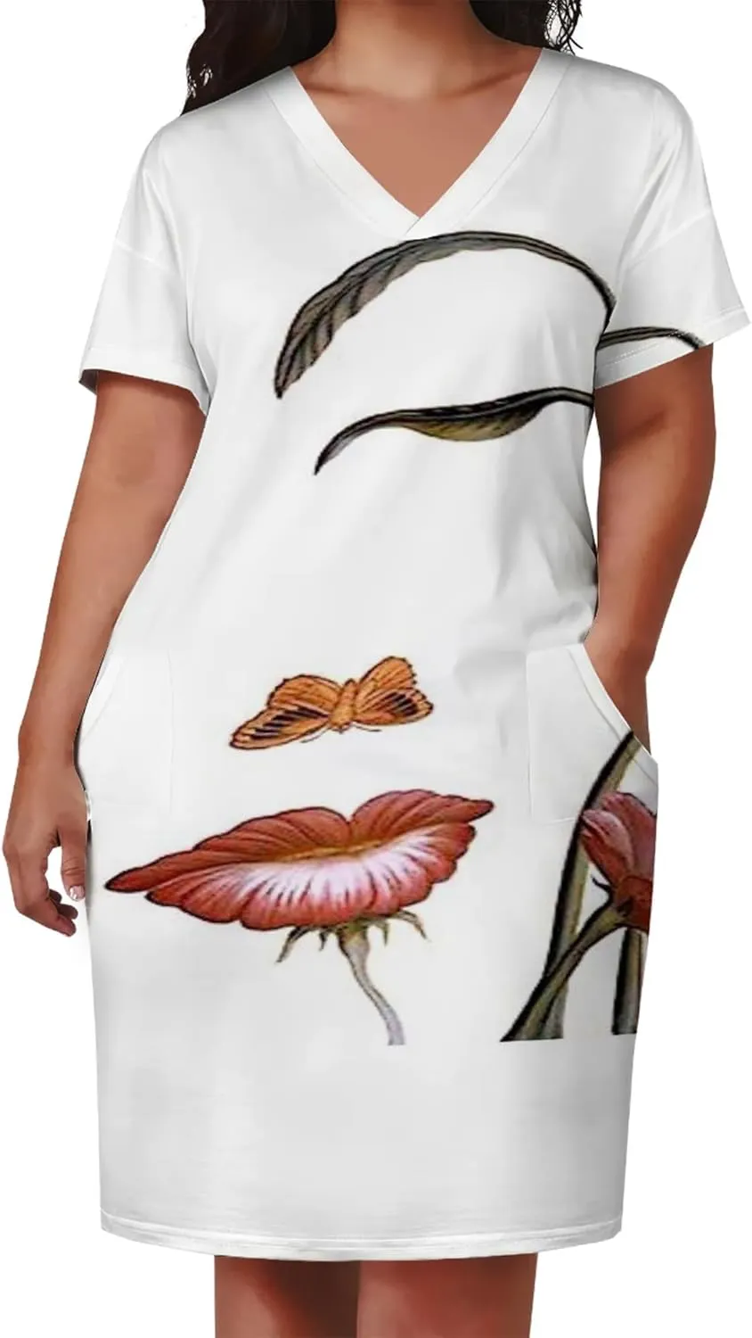 Plus Size Dresses for Curvy Women with Pockets V Neck Short Sleeve T Shirt Midi Dress A Line Beach Holiday Dress