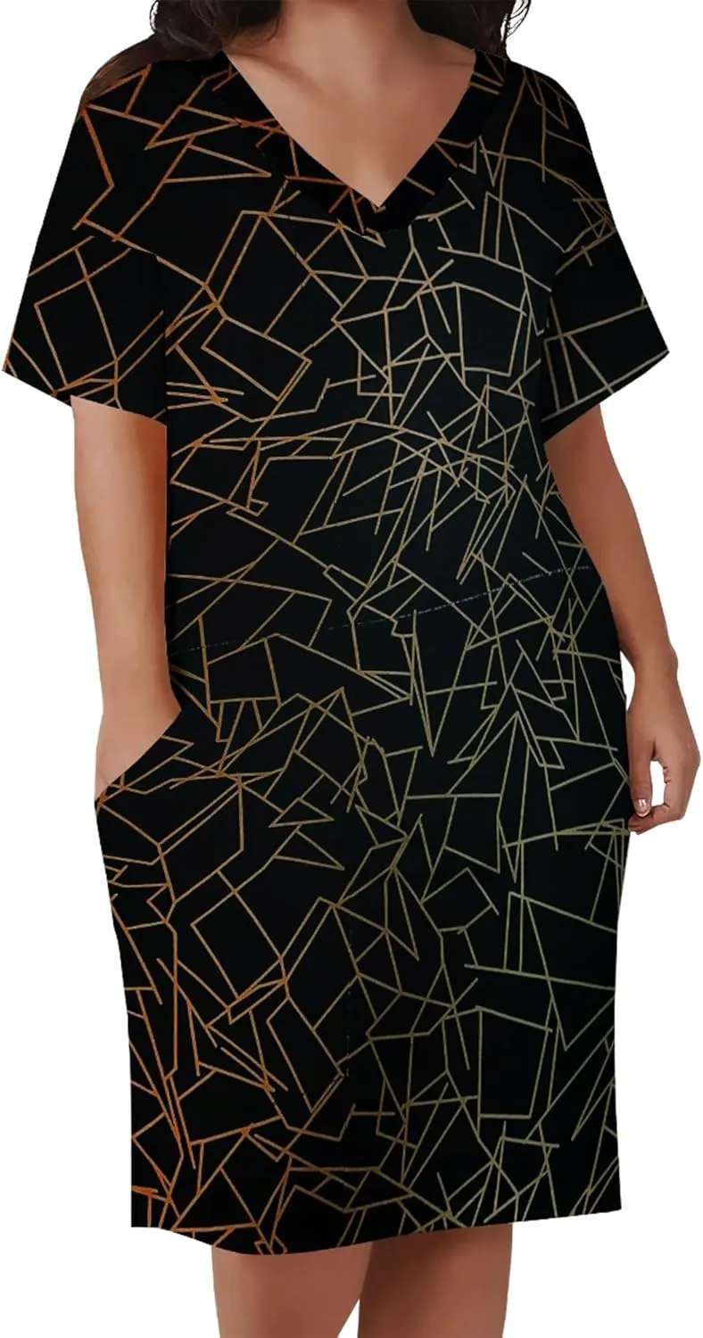 Plus Size Dresses for Curvy Women with Pockets V Neck Short Sleeve T Shirt Midi Dress A Line Beach Holiday Dress