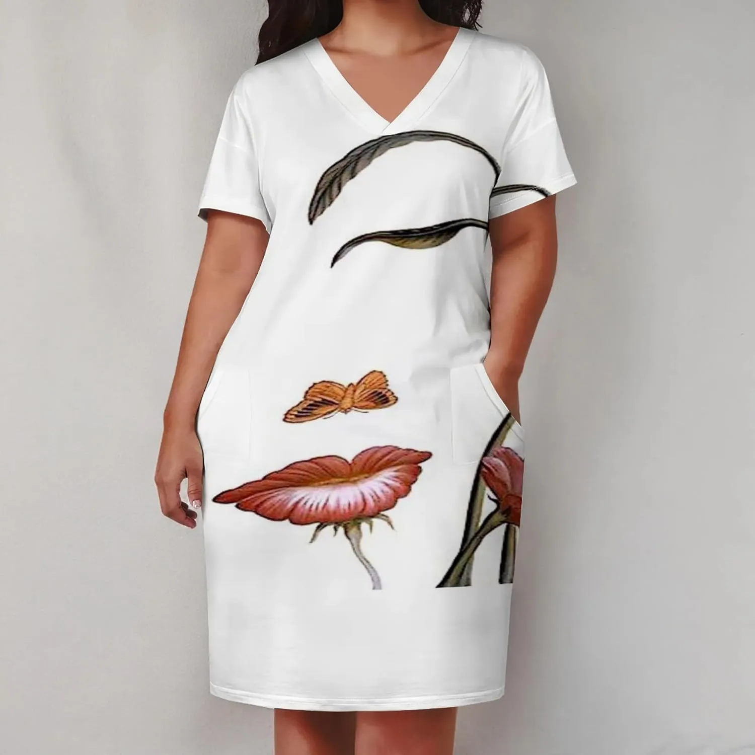 Plus Size Dresses for Curvy Women with Pockets V Neck Short Sleeve T Shirt Midi Dress A Line Beach Holiday Dress