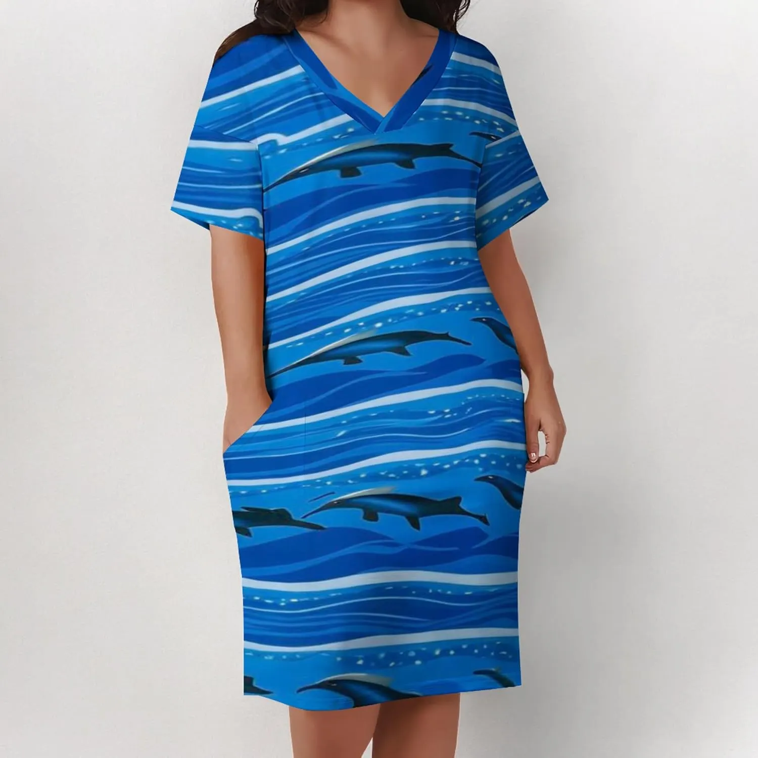 Plus Size Printed Tie-Dye Short Skirt for Curvy Women V Neck Bohemian Style Printed Short Skirt Short Sleeves Pockets