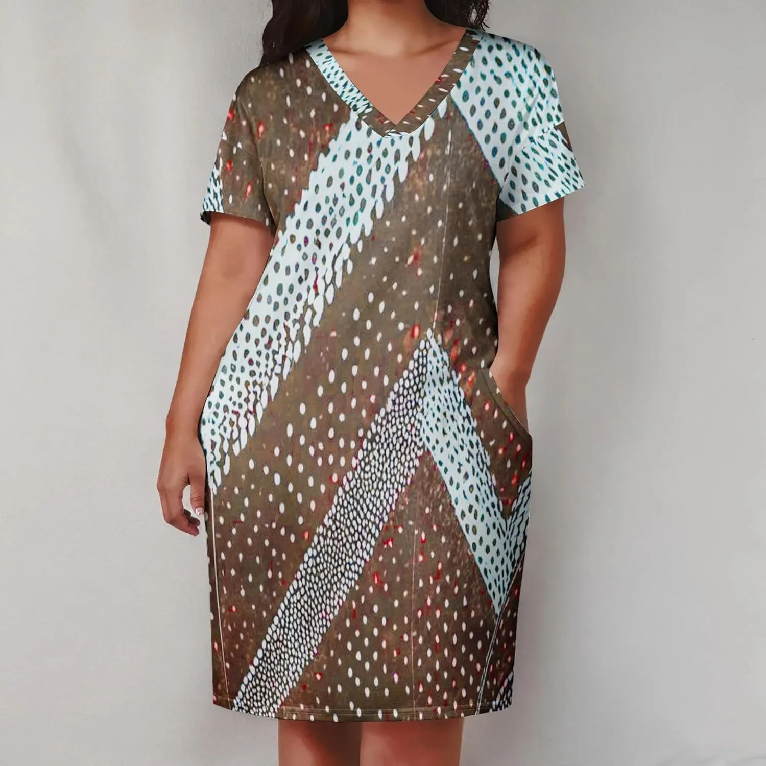 Plus Size Printed Tie-Dye Short Skirt for Curvy Women V Neck Bohemian Style Printed Short Skirt Short Sleeves Pockets