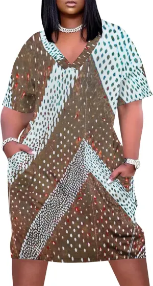 Plus Size Printed Tie-Dye Short Skirt for Curvy Women V Neck Bohemian Style Printed Short Skirt Short Sleeves Pockets