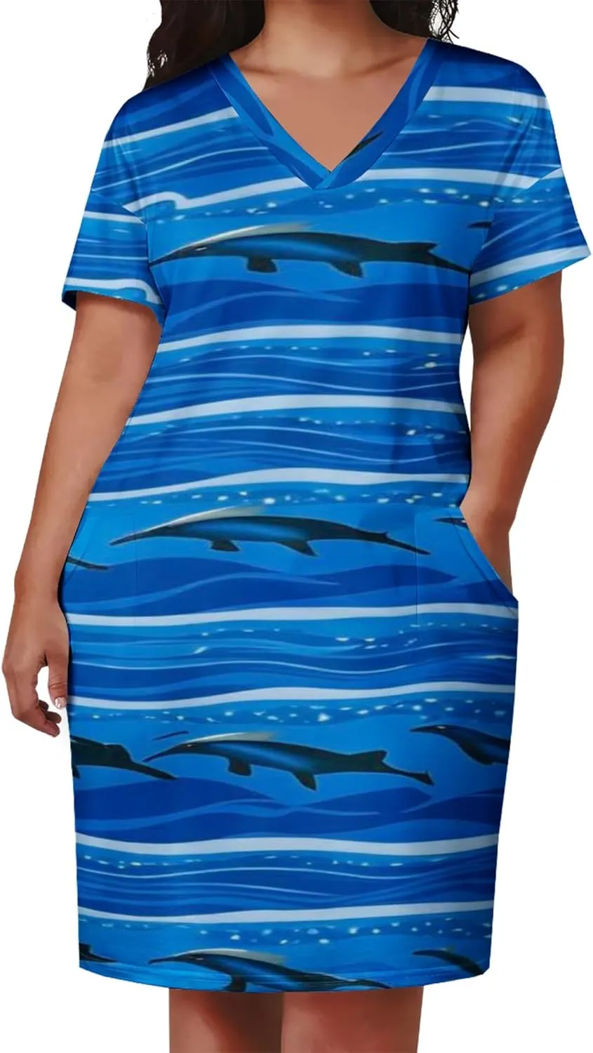 Plus Size Printed Tie-Dye Short Skirt for Curvy Women V Neck Bohemian Style Printed Short Skirt Short Sleeves Pockets